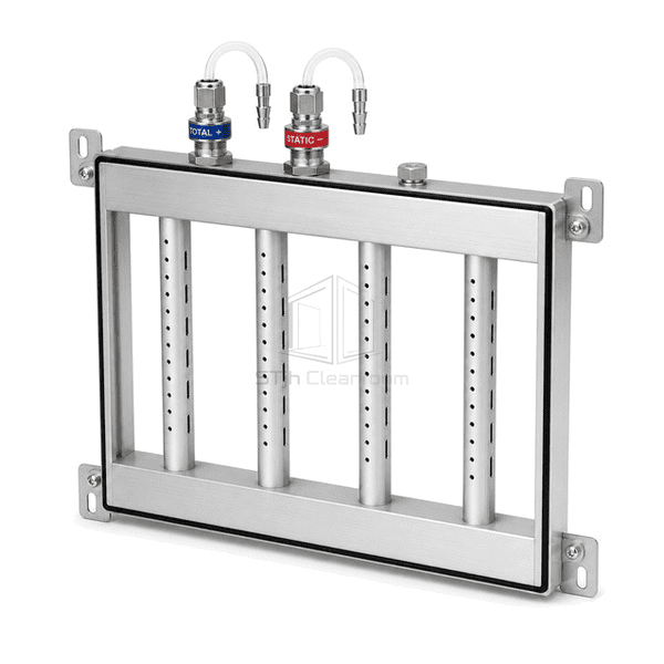 Three-quarter view of the entire averaging grid with duct mounting brackets and separate total-static compression fittings clearly exposed