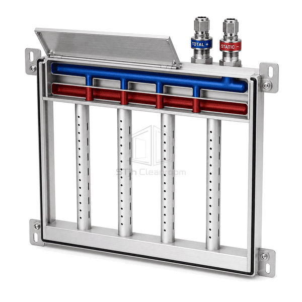 Side view showing separated internal total and static pressure chambers