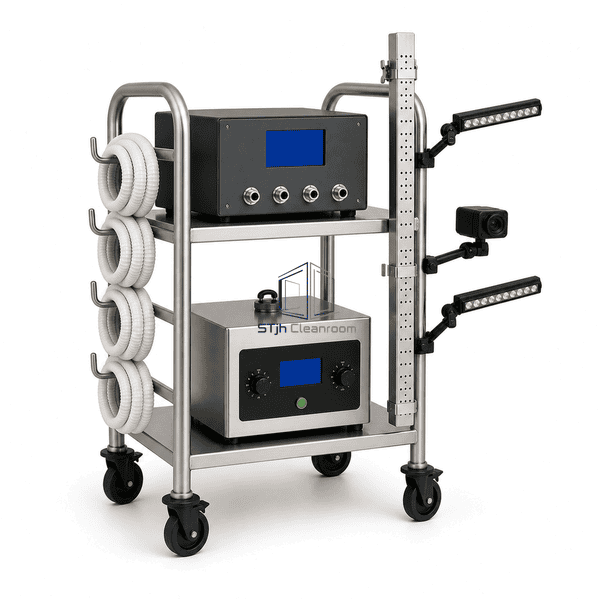 Airflow visualization system side view showing hose and equipment organization
