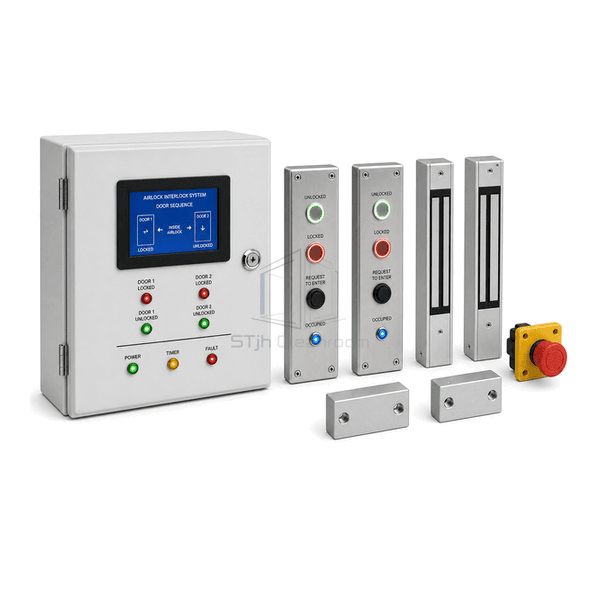 Horizontal arrangement of interlock controller, two door stations and magnetic lock hardware