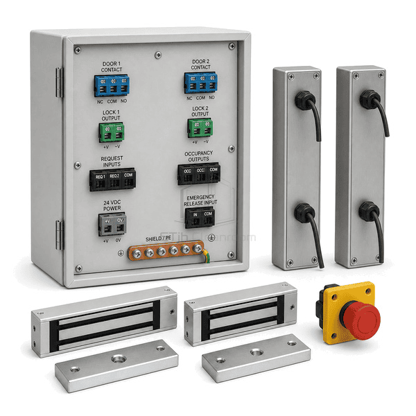 Rear three-quarter view of the entire airlock controller with separate door-contact, electric-lock and emergency-release terminals clearly exposed