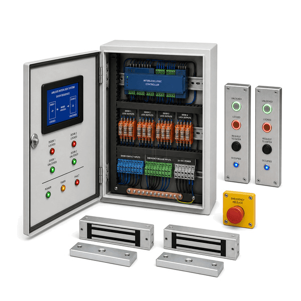 Open side view showing lock relays, emergency input and pluggable door terminals