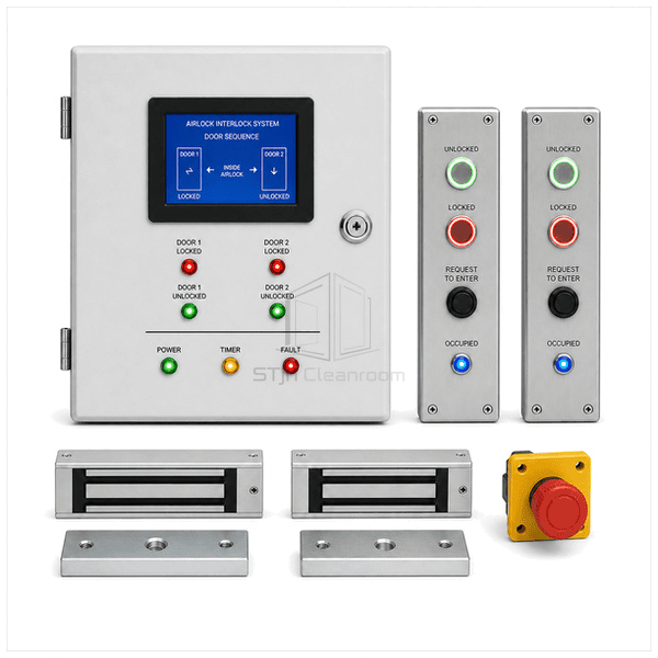 Front view of cleanroom airlock controller with door sequence indicators