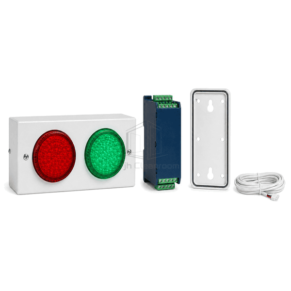 Horizontal-format red-green airlock traffic light in full view