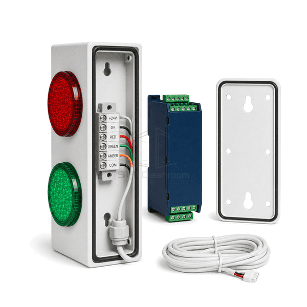 Rear three-quarter view of the entire airlock traffic light with gasketed mounting plate and separate red-green input cable entry clearly exposed