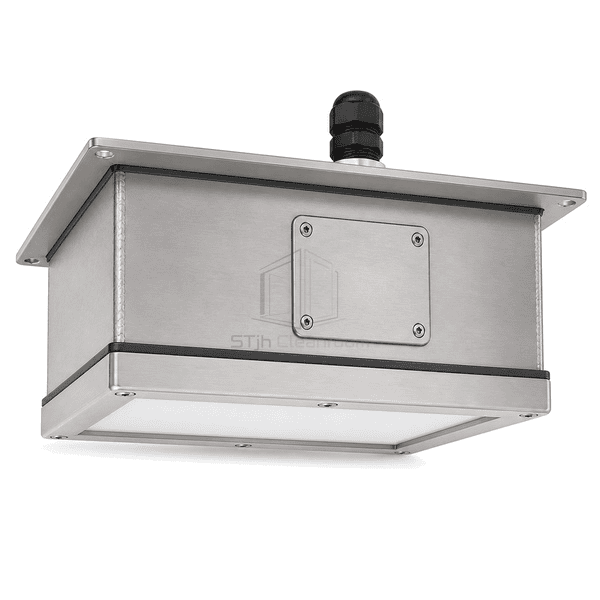 Rear view of welded enclosure seams and threaded cable gland