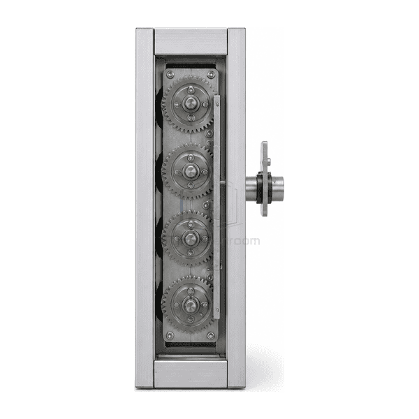 Side mechanism view showing enclosed gears and actuator shaft