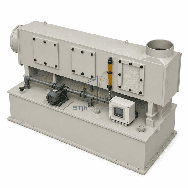 Alkali mist purifier complete elevated rear-right view revealing the outlet collar, spray return and reservoir top