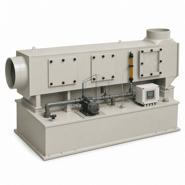 Alkali mist purifier complete low opposite-side view emphasizing PP duct flanges, welded seams and the recirculation pump union