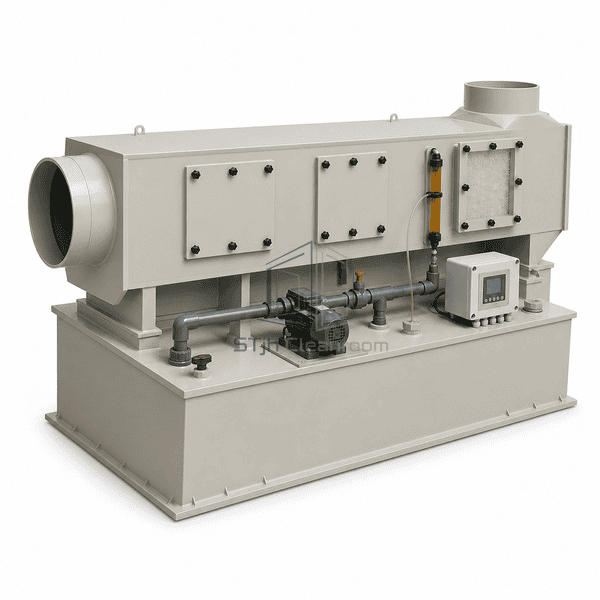 Alkali mist purifier complete inlet-end view emphasizing the packed-section cover, green pump and gray spray piping