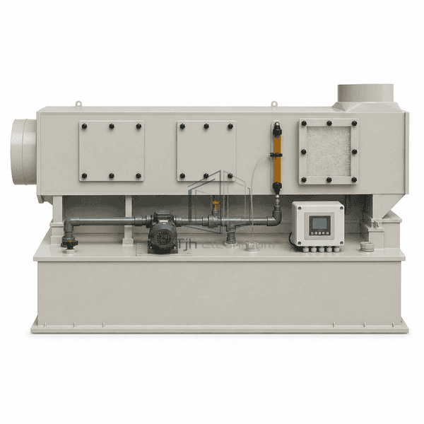 Alkali mist purifier complete long-side elevation showing both duct collars, service covers and full recirculation reservoir