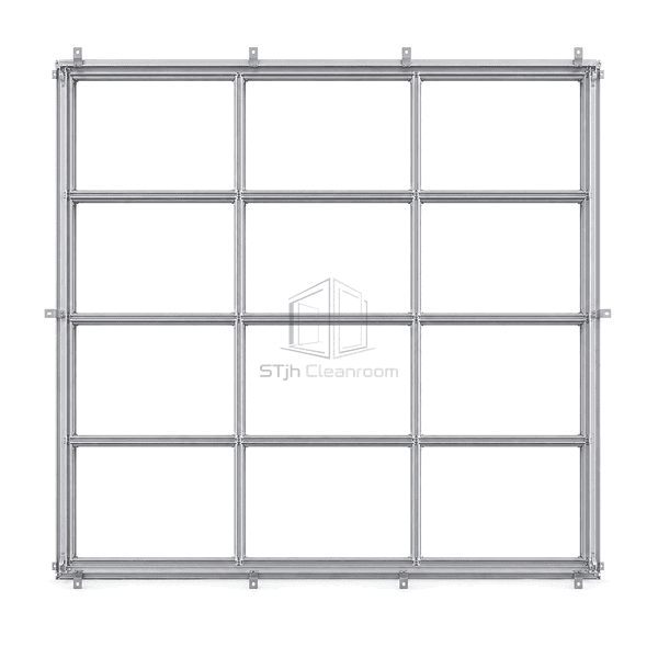 Room-side view of the exposed aluminum ceiling suspension grid