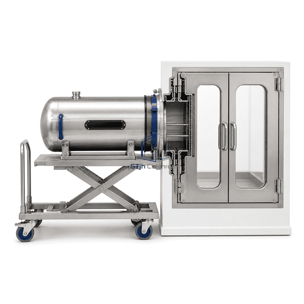 Side cutaway showing the coupled double doors and container seal