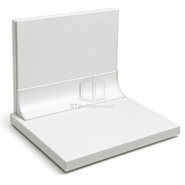 Floor-to-wall sample showing a sealed aluminum cleanroom cove base connection