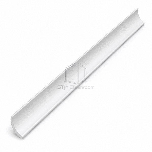 Front view of a complete white aluminum cleanroom cove base profile