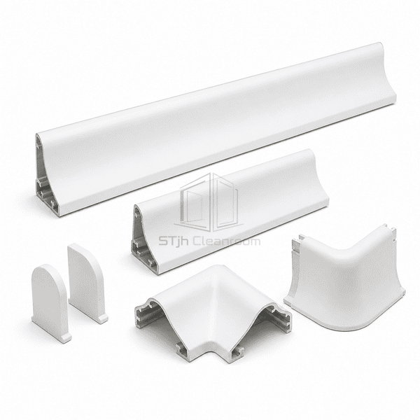 Complete aluminum cleanroom cove base kit with straight corner and end components