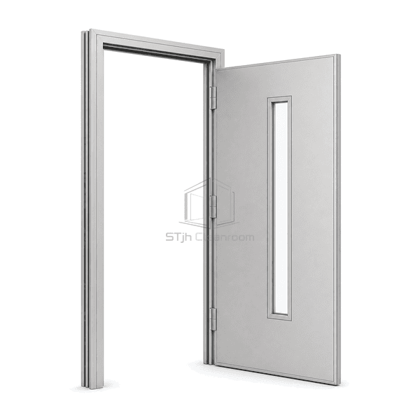 Open aluminum cleanroom door showing full leaf and frame geometry