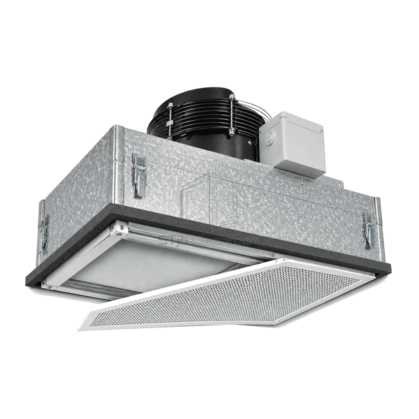 Complete Aluzinc FFU showing folded ceiling flange, compatible fasteners and filter gasket