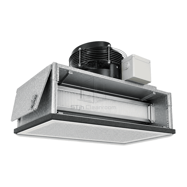 Open side view of the Aluzinc fan filter unit showing lock seams, blower and filter pack