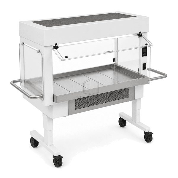 Elevated rear-left view of complete dual-sided animal cage changing station showing the clear rear screen and open-through work zone
