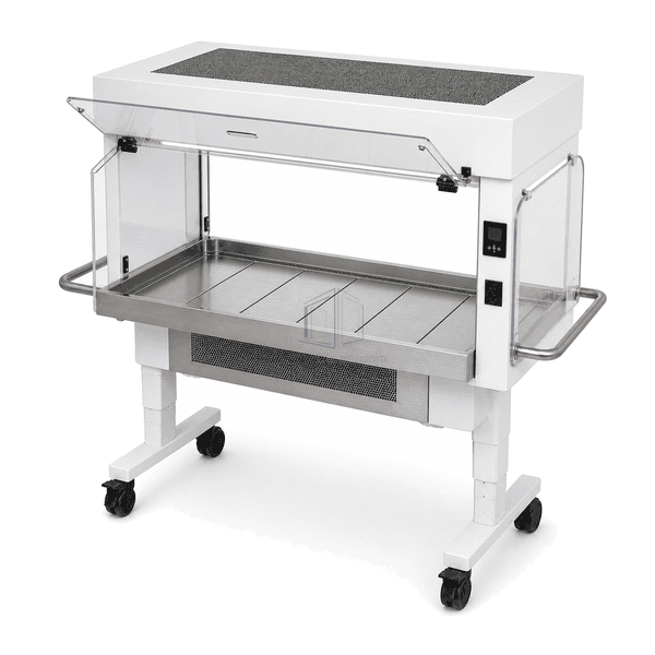 High front-right interface view of animal cage changing station with the front screen raised above the segmented tray and perimeter grilles