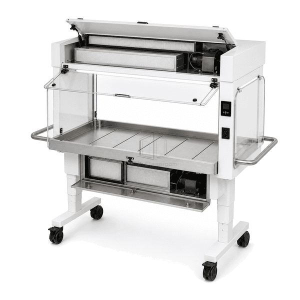 Animal cage changing station service view with open upper supply and lower exhaust compartments showing prefilters, HEPA packs and blowers
