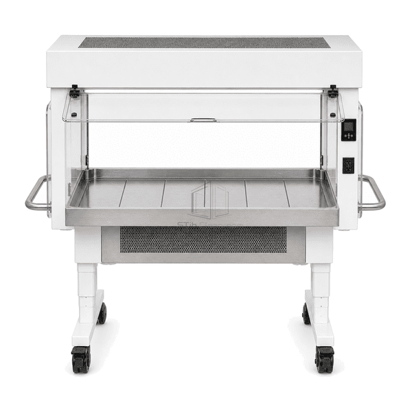 Straight front elevation of animal cage changing station showing the 356 mm opening, segmented work tray, control panel and four casters
