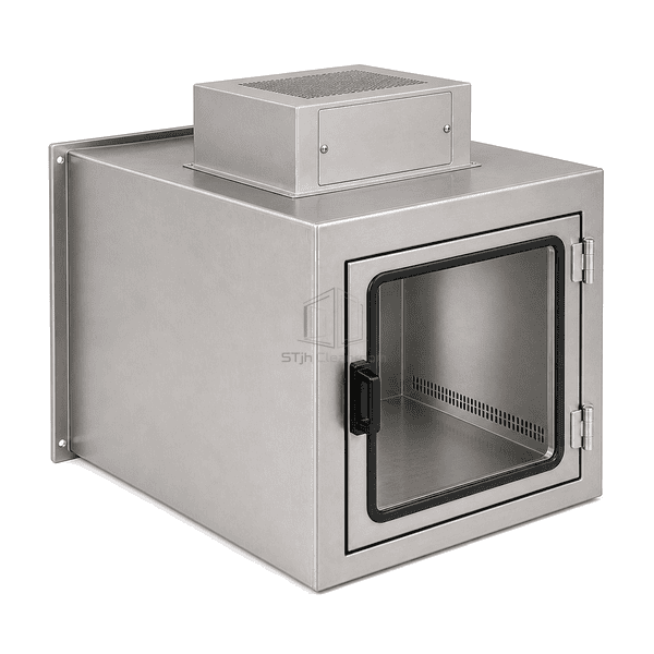 Elevated rear-left view of animal laboratory transfer chamber showing the opposite glazed transfer door and wall flange