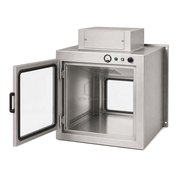 Complete animal laboratory transfer chamber with front door open to show the EPDM gasket, coved interior and lower air returns