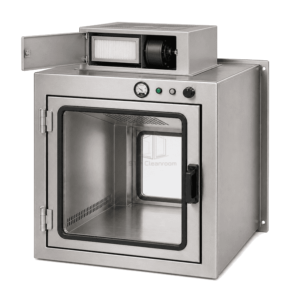 Animal laboratory transfer chamber service view with the single top HEPA cartridge and blower compartment open