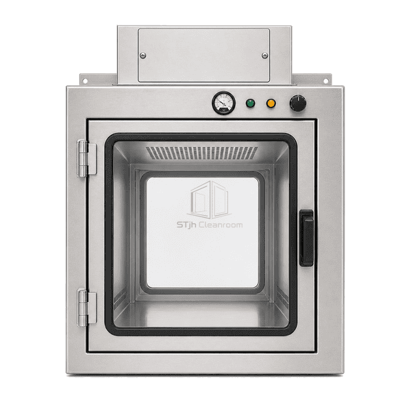 Straight front elevation of animal laboratory transfer chamber showing the interlocked observation door and airflow controls
