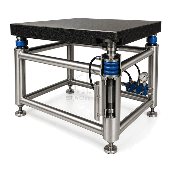 Detail of pneumatic isolator load plate air fitting and mechanical travel stop