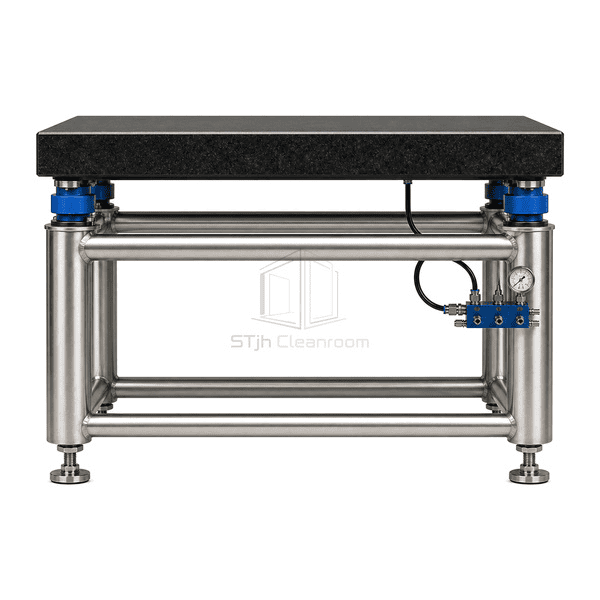 Front view of granite isolation table and stainless support frame