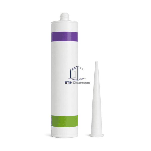 Upright front view of the antibacterial cleanroom sealant cartridge and nozzle
