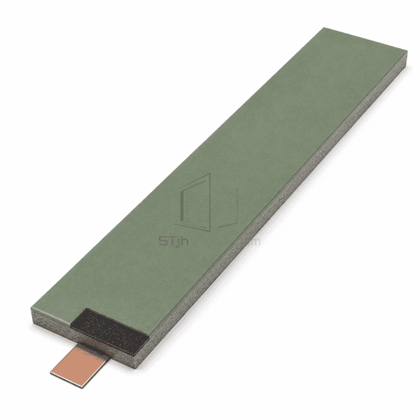 Long antistatic epoxy flooring strip with green finish, exposed conductive corner and copper grounding plate