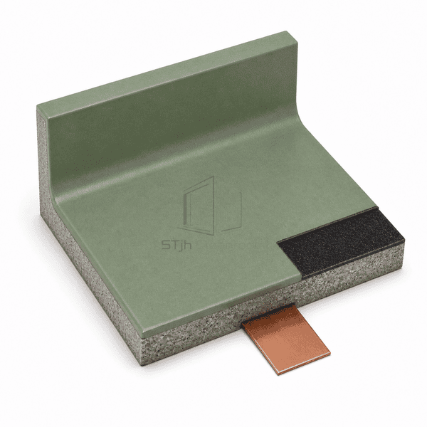 Antistatic epoxy flooring cove detail with a green radius, exposed conductive layer and copper grounding plate