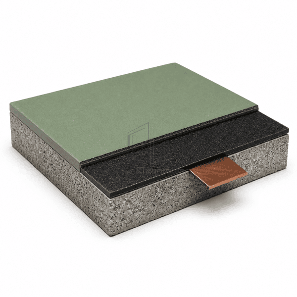 Stepped antistatic epoxy flooring cutaway showing the green finish, black conductive layer, copper strip and concrete base