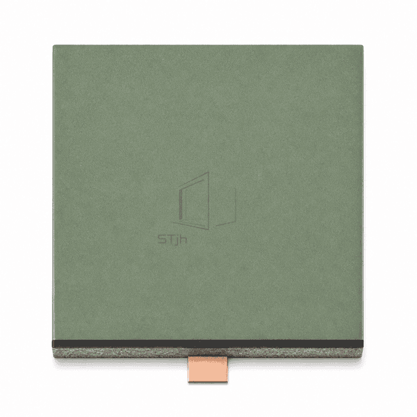 Front upright view of green antistatic epoxy flooring with a black conductive base layer and copper grounding plate
