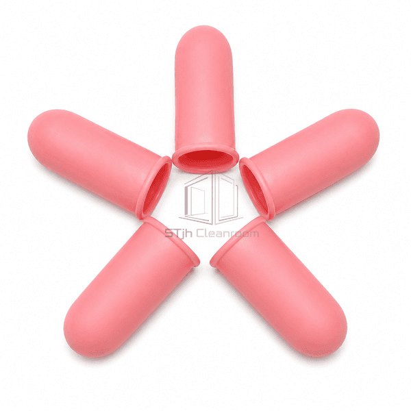 Pink antistatic finger cots arranged flat in a radial pattern