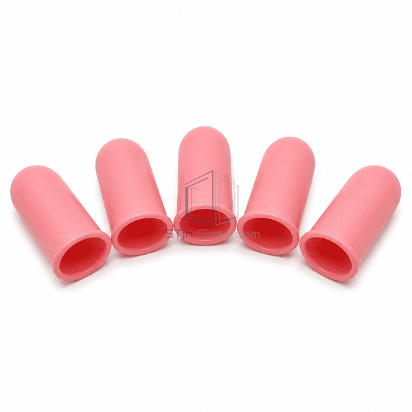 Pink ESD finger cots showing smooth rolled retaining rings