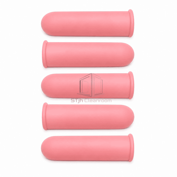 Five pink dissipative latex finger cots shown from the side