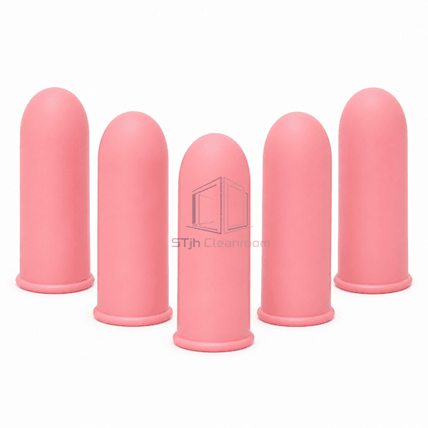 Pink ESD finger cots standing upright in a staggered row