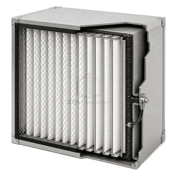 Side cutaway showing HEPA media conductive separators and metal frame