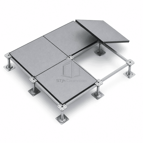 Two-by-two antistatic HPL raised floor system with one panel lifted