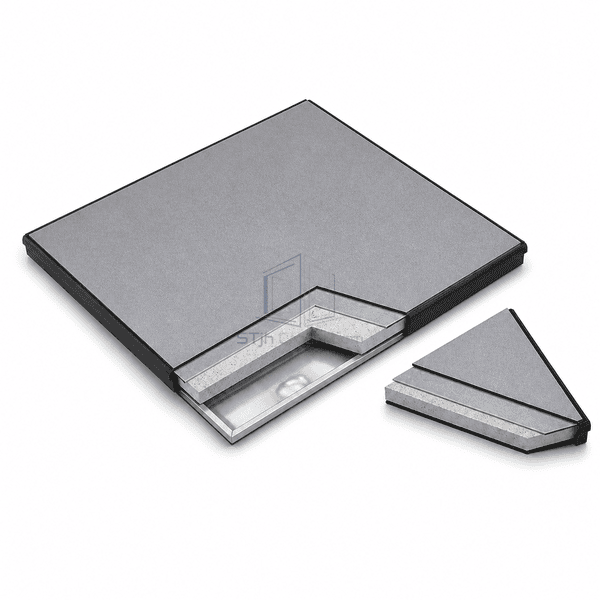 Cutaway of HPL raised floor panel facing, steel shell, cement core and bottom pan
