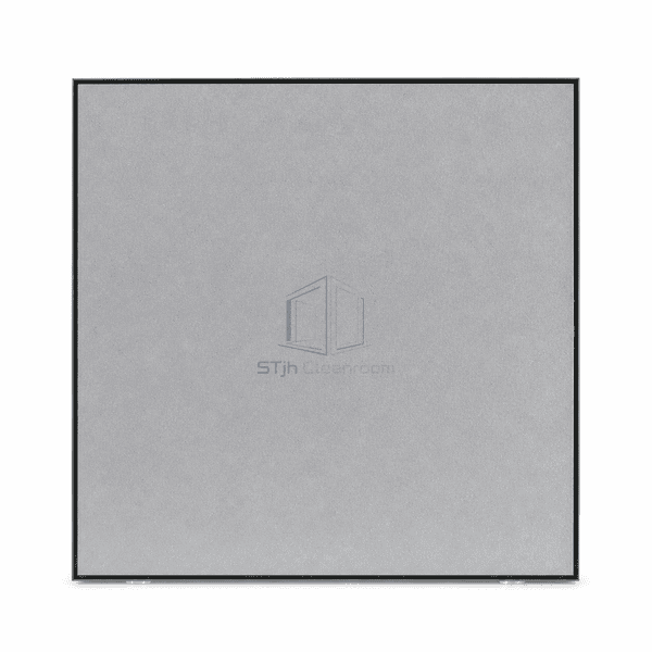 Upright front view of a gray antistatic HPL floor panel with dark edge band