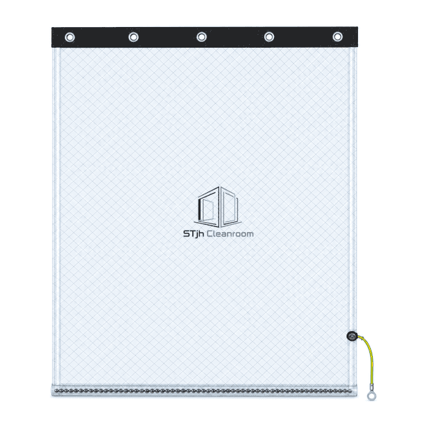 Front view of grounded antistatic cleanroom curtain with five eyelets