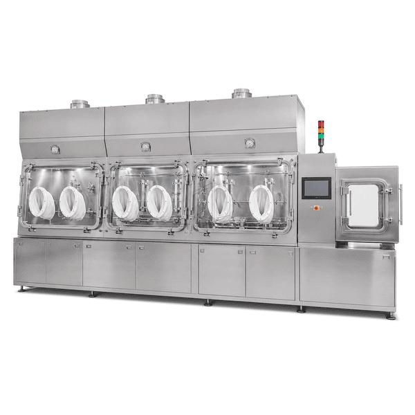Wide three-chamber aseptic isolator with six glove ports and integrated airlock