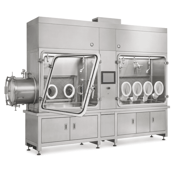 Complete aseptic isolator with open gasketed window showing HEPA return and glove-port interfaces