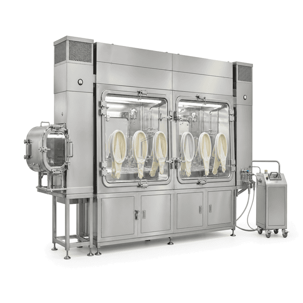 Pharmaceutical aseptic isolator side view with transfer port and air-handling columns